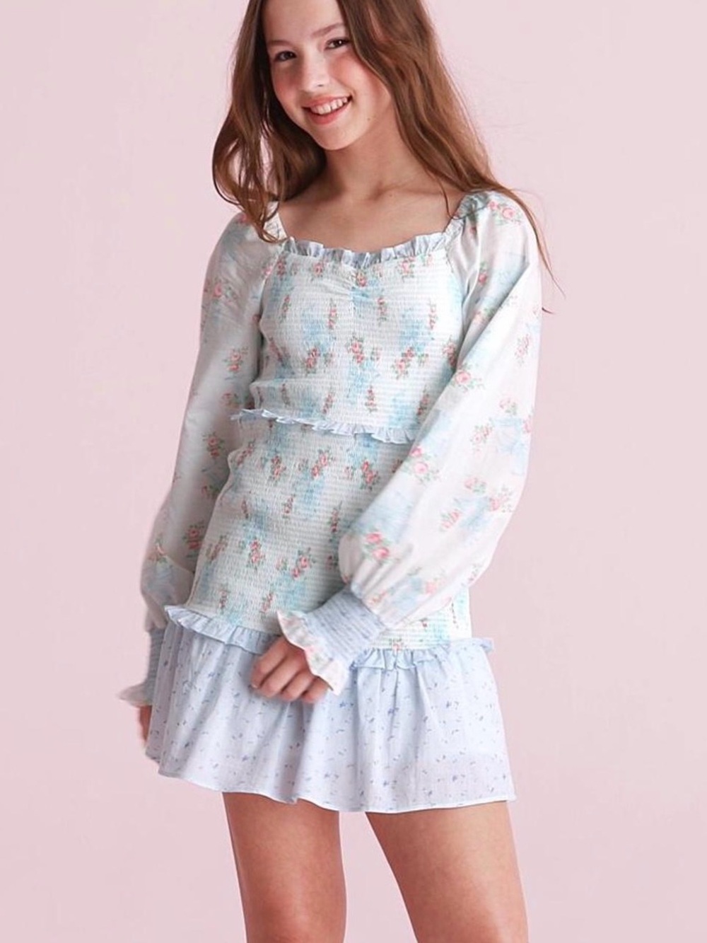 LoveShackFancy Juliet Ribbon Floral Smocked Long Sleeve Dress Cottagecore